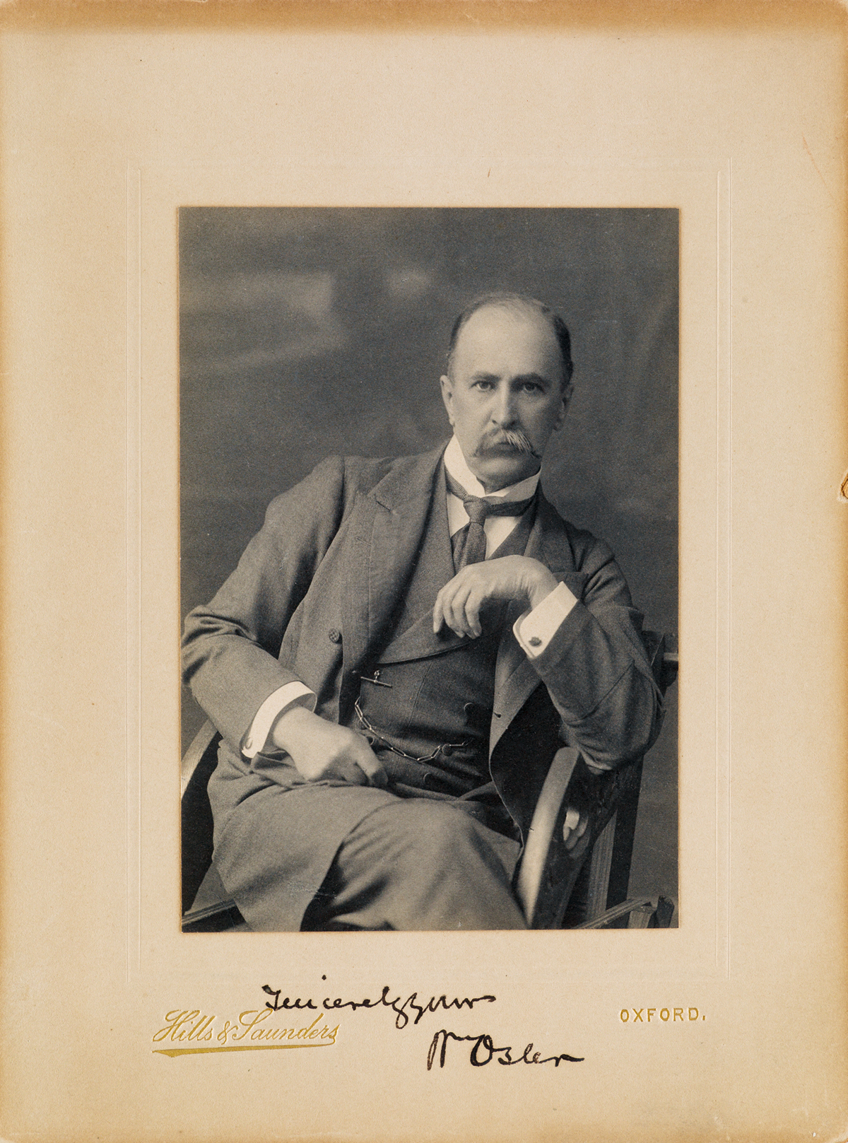 WILLIAM OSLER. Photograph Signed and Inscribed, Sincerelyyours / WmOsler, half-length seated portrait by Hills...